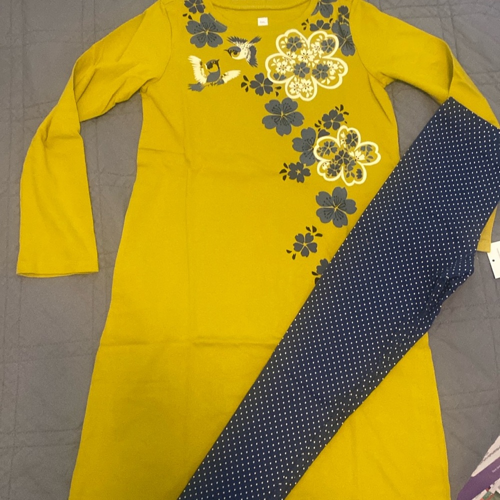 NWT sz 7 Tea Collection Dress Leggings Outfit Floral Flowers Bird Blue Polka Dot